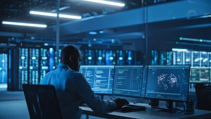 Data center worker monitoring and maintaining servers, IT specialist working with computer code