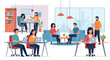 © Flat World Studio - Diverse business team collaborating and working on laptops in a modern office space, showcasing productivity, teamwork, and a dynamic workplace environment.