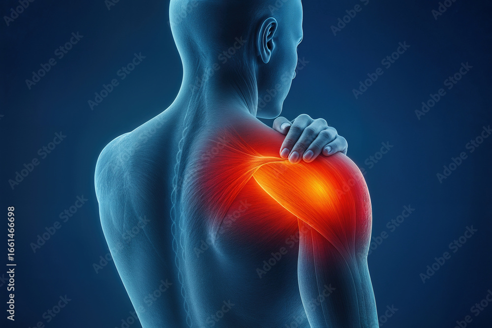 3D medical illustration of man with severe shoulder pain. Highlighted ...
