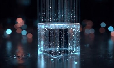 Futuristic ai agent hologram cube with flowing data streams and bokeh lights
