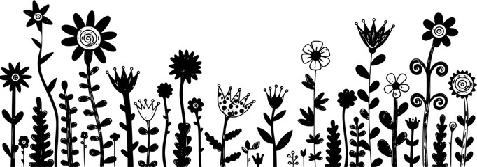 Funky childish crayon drawn flowers, meadow plants and stems.
