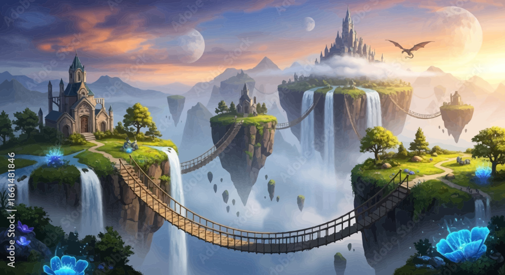 Mystical realm of floating islands connected by bridges with castles ...