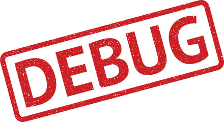 Distressed red DEBUG rubber stamp icon, software error concept for design
