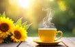 © yang - Yellow cup with steaming coffee morning on wooden table with sunflower bouquet. Tranquil summer scene for concept of relaxing break time. High quality