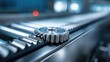 © Master - Close-up of a gear on a conveyor belt.  A metallic gear rests on a metal conveyor belt, which is detailed with grooved rollers. Industrial setting