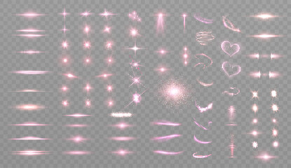 Wall Mural - set of light effects. vector glowing isolated pink transparent light effects: glare, explosions, spa