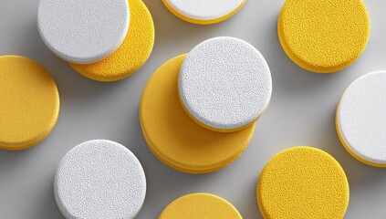 Abstract pattern of stacked, round, white and yellow objects on a light gray background