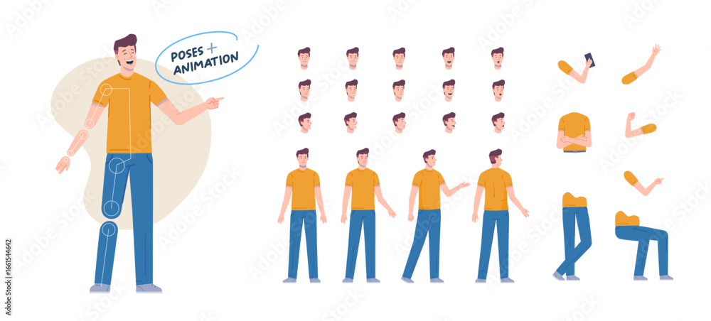 man male character for animation. Creation set with various views, face ...