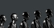 © GS-Studio - Black metallic human head sculptures arranged in a row, illustrating the evolution of a person