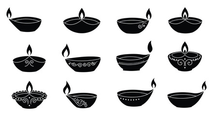 Black diya lamp icons with flame in various traditional designs on white background
