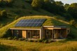 © Татьяна Евдокимова - Sustainable architecture integrating a modern house with solar panels and a living roof, nestled into a grassy hillside, promoting green living and energy efficiency