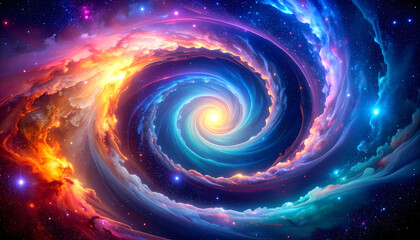 Wall Mural - Mysterious colorful abstract space galaxy with an awe inspiring nebula spiral vortex. bright star light shines at center of vast universe and cosmos