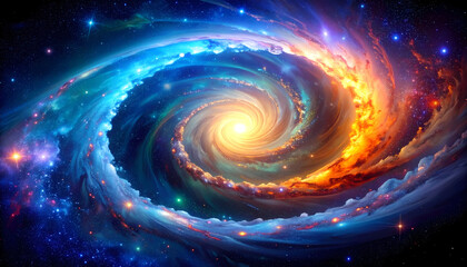 Wall Mural - Majestic colorful spiral galaxy glowing in deep space. Blue and orange cosmic nebula and star formations swirl around bright core, an awe inspiring and abstract universe