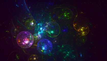 Wall Mural - Wondrous abstract background with glowing multicolor sphere of light in space. dynamic digital art fractal composition with mystical energy and vibrant bubble element