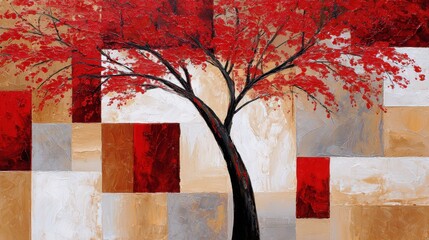 red tree abstract art painting