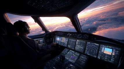 Wall Mural - ambientlit cockpit showing a pilot adjusting autopilot in front of multiple digital displays sunrise