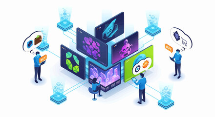 Isometric illustration of a virtual marketplace with people trading digital game assets and collectibles in the metaverse. Metaverse meeting. 