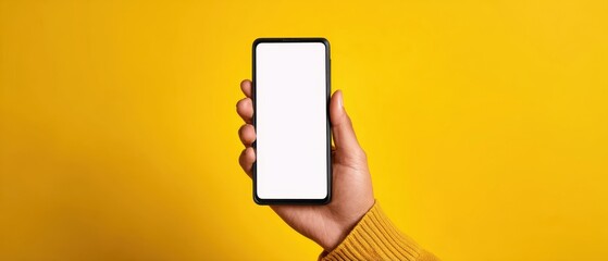 The smartphone held in a hand against a vibrant yellow background.