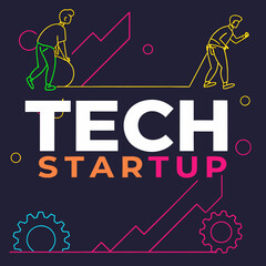 Tech startup illustration with people rolling a ball and gears on a dark background