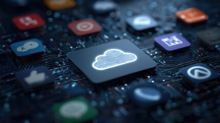 Close-up of a digital cloud storage icon on a keyboard with colorful keys and tech background
