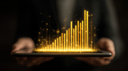 Wall Mural - glowing golden bar graph emerges from tablet, symbolizing growth and success in business. vibrant li