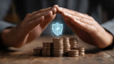 Protecting financial assets is crucial today economy. This depicts hands forming protective barrier over stack of coins, symbolizing security and investment. digital shield represents safeguarding