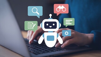 Robot assistant with search, document, settings, and vision icons on a laptop, ai concept