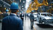 © eric - Rear View of Business Professional in Suit and Hard Hat at Auto Manufacturing Facility Assembly Line with Car Bodies and Industrial Machinery