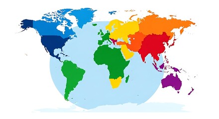 Naklejka na meble Rainbow Colored World Map with Continents in Blue, Green, Yellow, Orange, Red, and Purple on a White Background