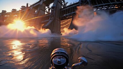 Wall Mural - AI-generated illustration of hydroelectric dam gates open wide, water gushes out as the sun sets