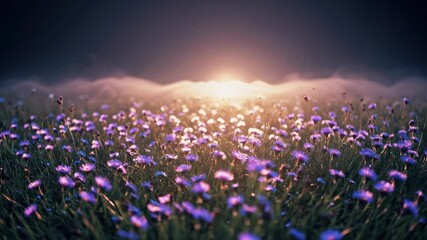 Wall Mural - AI-generated illustration of a field of purple flowers glows softly under the warm sunrise