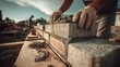 © HPMP Studio - Laying Brick Wall Construction with Cement by Worker on Job Site