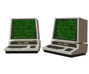 3D rendered retro computers with green code displayed on their screens, isolated on transparent background