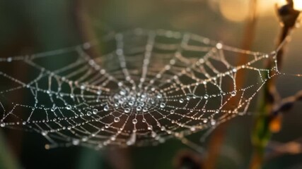 A close-up of a delicate spiderweb adorned with numerous sparkling dew drops, illuminated by soft morning light in a natural setting.