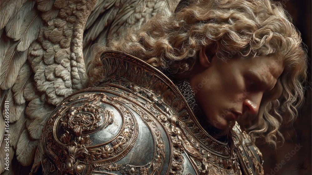 Majestic angelic warrior in ornate golden armor with large feathered ...