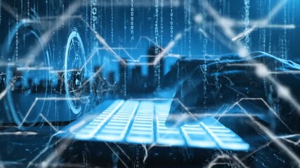 Hacker Typing on Glowing Keyboard with Abstract Binary Code in Blue Tone