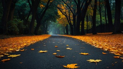 Wall Mural - Picturesque asphalt road in the park surrounded by autumn trees with vibrant green and yellow foliage. Fall season forestal alley landscape photo illustration wallpaper.
