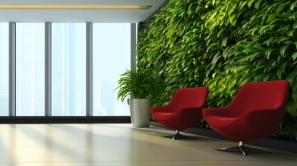 Wall Mural - Modern interior with red chairs and lush green wall, showcasing a serene workspace with city view