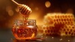 © bat max - Honey dripping from wooden dipper into glass jar, honeycomb in background