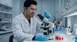 © Graphic - Attractive happiness scientist lab technician assistant analyzing sample in test tube and using a microscope at the laboratory. Medical, pharmaceutical and scientific research and development concept.