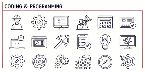 Collection of 40 minimalist line icons representing coding and technology concepts