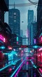 Dynamic cyberpunk cityscape photorealistic background.