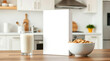 © miracle - A mockup of a cereal box with a blank front panel, placed in a kitchen setting with a bowl of cereal and milk beside it