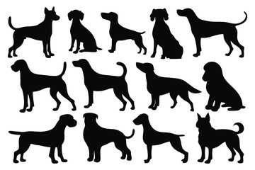 Dog walk stand and sit silhouettes set isolated flat vector illustration on white background.