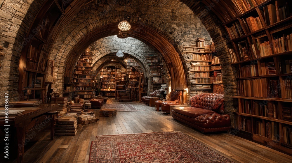 Cozy Indoor Library with Arched Bookshelves and Warm Lighting Stock ...