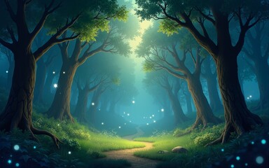 Wall Mural - a magical forest clearing filled with fireflies, glowing trees, and soft green foliage, a whimsical 