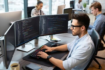 Man coding on multiple monitors in an office setting with coworkers in the background area
