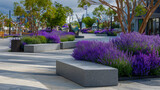 Modern urban plaza featuring lavender and purple plants in landscaped beds, contemporary city design, vibrant greenery, high-resolution,