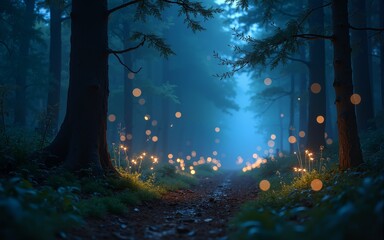 Wall Mural - magical lights sparkling in forest at night, firefly, fantasy fairytale scenery. high quality