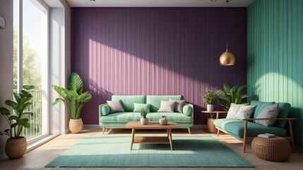 Cozy creative zone in plum and mint with diffused sunlight vertical slats, volumetric haze enveloping background furniture, fine textures